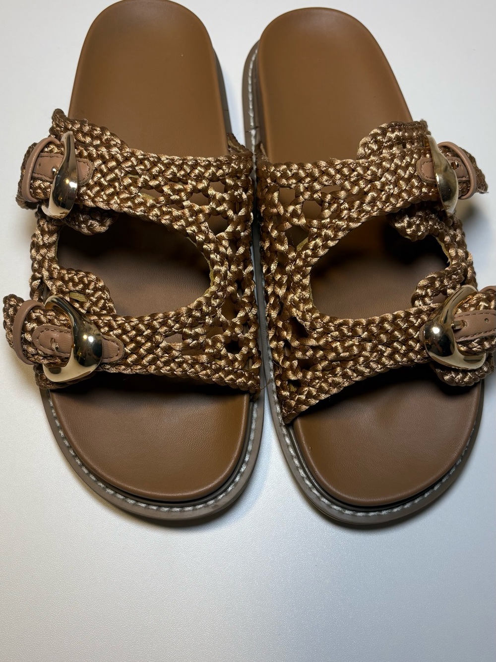 Joie Braided Double-Strap Slide Sandals in Brown with Gold Buckles